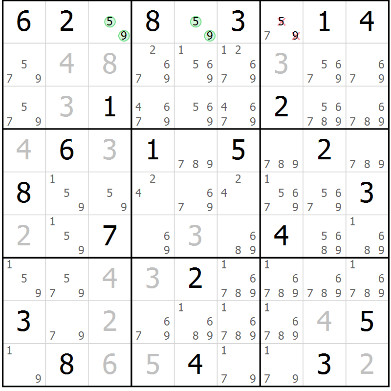 Position des candidats pour la solution de la Gr 45 page 48 du magazine de sudoku Extrême n° 042