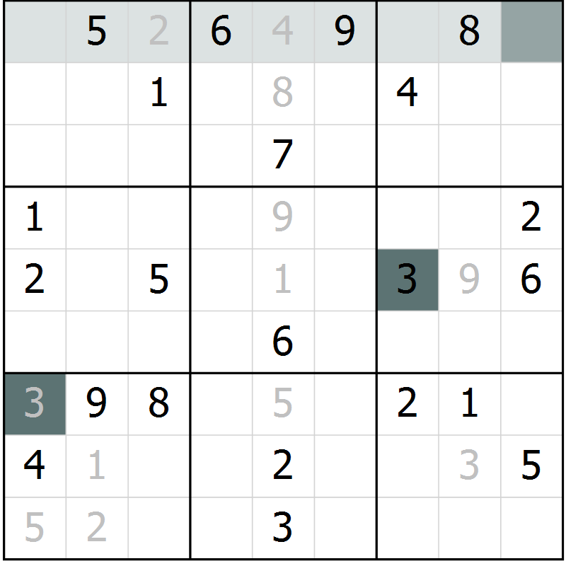 Position des candidats pour la solution de la Gr 49 page 52 du magazine de sudoku Extrême n° 042