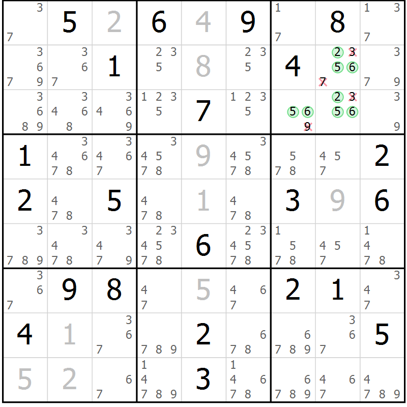 Position des candidats pour la solution de la Gr 49 page 52 du magazine de sudoku Extrême n° 042
