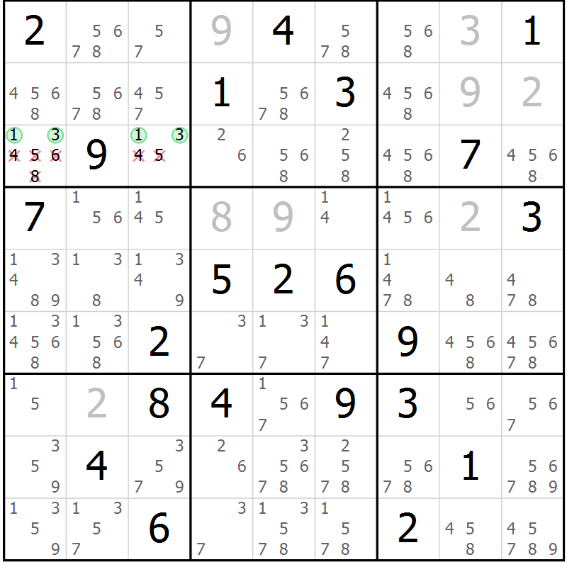 Position des candidats pour la solution de la Gr 51 page 54 du magazine de sudoku Extrême n° 042