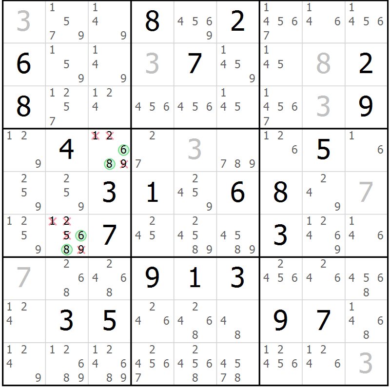 Position des candidats pour la solution de la Gr 52 page 55 du magazine de sudoku Extrême n° 042