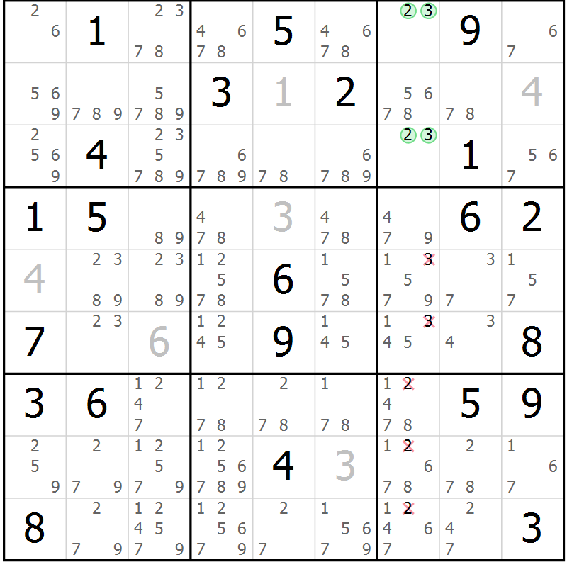 Position des candidats pour la solution de la Gr 53 page 56 du magazine de sudoku Extrême n° 042