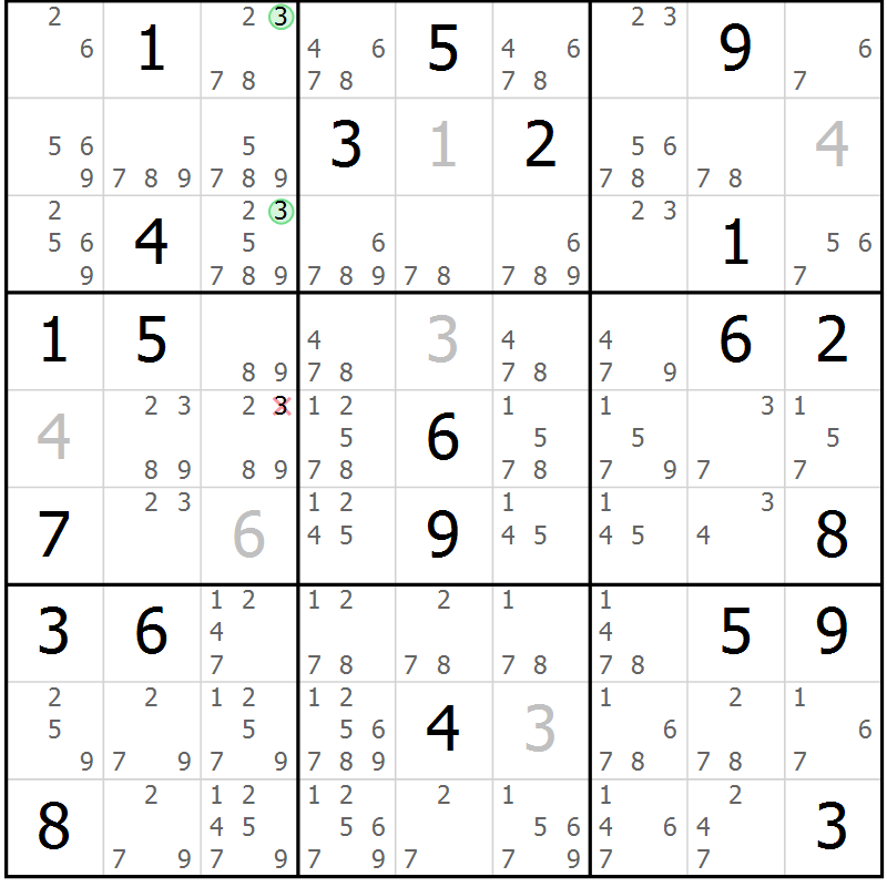 Position des candidats pour la solution de la Gr 53 page 56 du magazine de sudoku Extrême n° 042