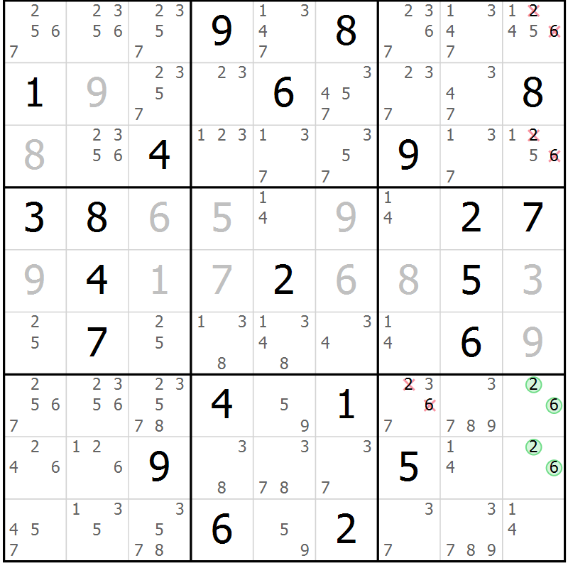 Position des candidats pour la solution de la Gr 54 page 57 du magazine de sudoku Extrême n° 042