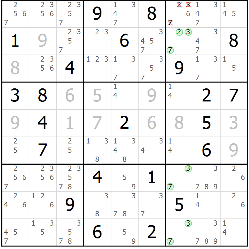 Position des candidats pour la solution de la Gr 54 page 57 du magazine de sudoku Extrême n° 042