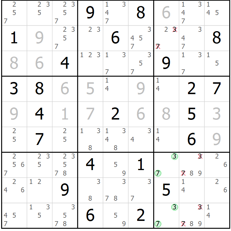 Position des candidats pour la solution de la Gr 54 page 57 du magazine de sudoku Extrême n° 042
