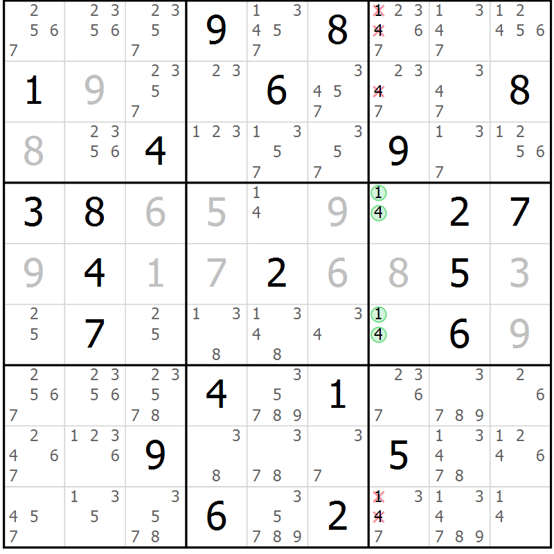 Position des candidats pour la solution de la Gr 54 page 57 du magazine de sudoku Extrême n° 042