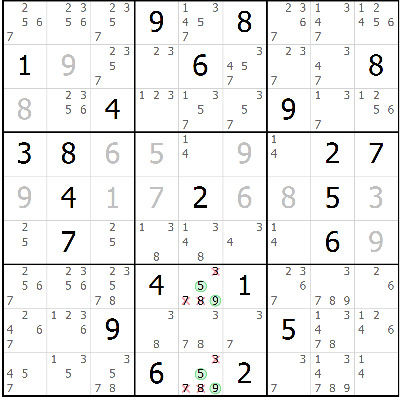 Position des candidats pour la solution de la Gr 54 page 57 du magazine de sudoku Extrême n° 042