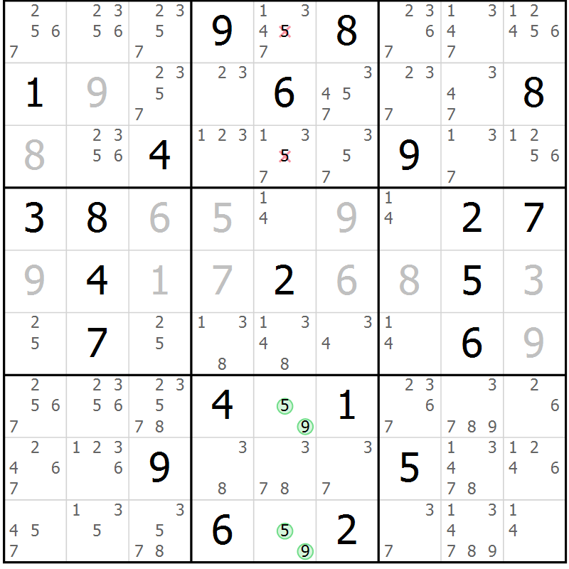 Position des candidats pour la solution de la Gr 54 page 57 du magazine de sudoku Extrême n° 042