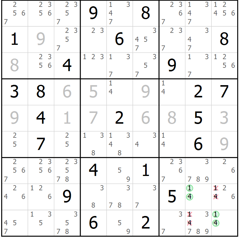 Position des candidats pour la solution de la Gr 54 page 57 du magazine de sudoku Extrême n° 042