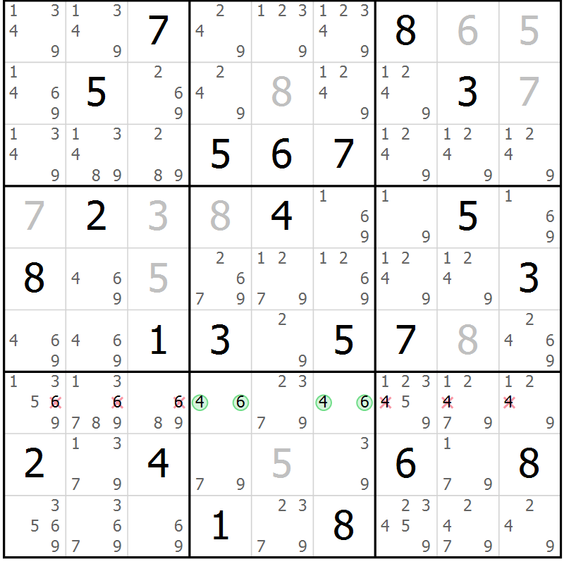 Position des candidats pour la solution de la Gr 55 page 58 du magazine de sudoku Extrême n° 042