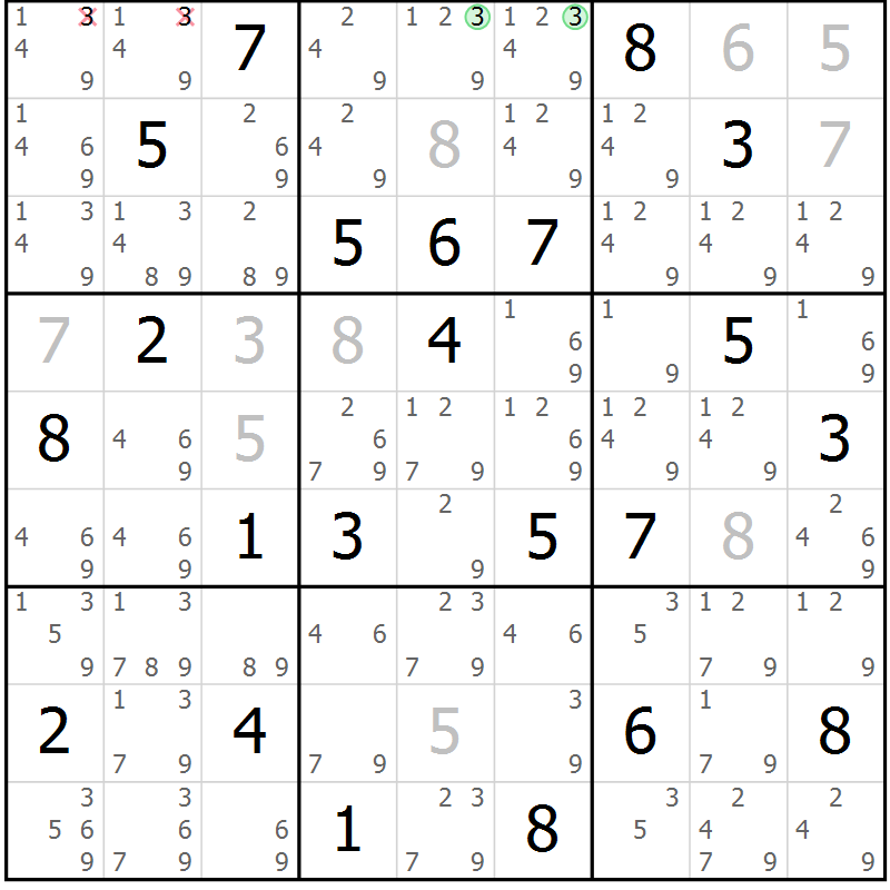 Position des candidats pour la solution de la Gr 55 page 58 du magazine de sudoku Extrême n° 042