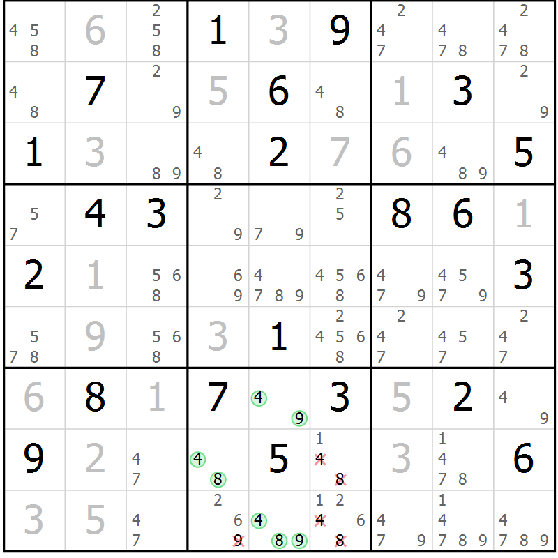 Position des candidats pour la solution de la Gr 57 page 60 du magazine de sudoku Extrême n° 042