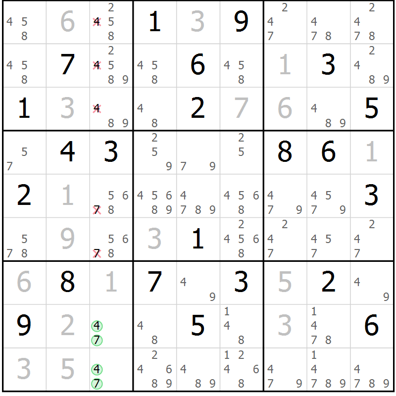Position des candidats pour la solution de la Gr 57 page 60 du magazine de sudoku Extrême n° 042