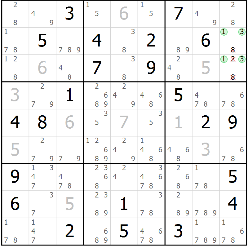 Position des candidats pour la solution de la Gr 58 page 61 du magazine de sudoku Extrême n° 042