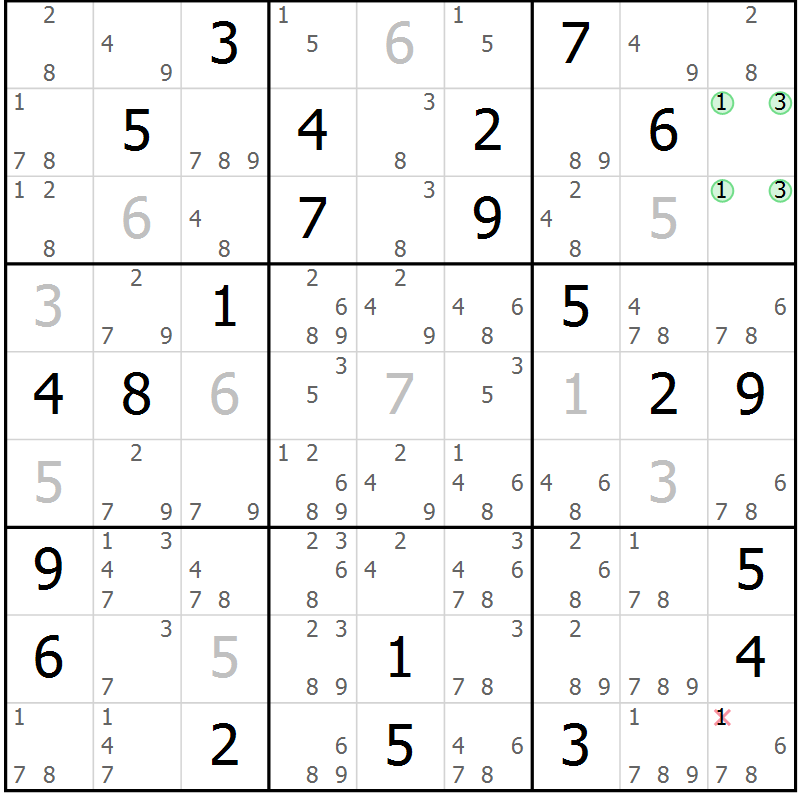 Position des candidats pour la solution de la Gr 58 page 61 du magazine de sudoku Extrême n° 042