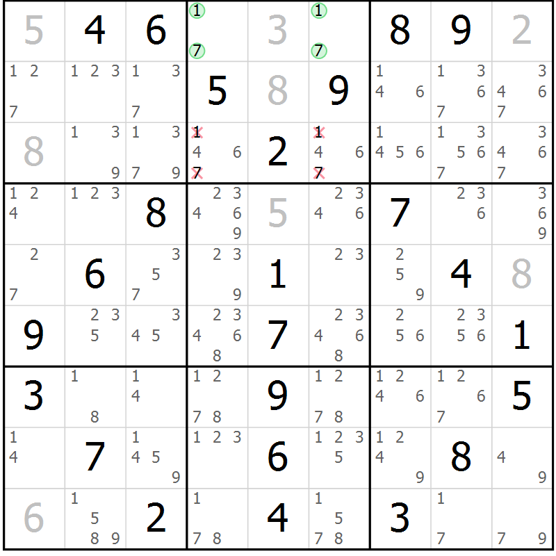 Position des candidats pour la solution de la Gr 59 page 62 du magazine de sudoku Extrême n° 042