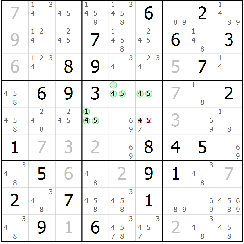 Position des candidats pour la solution de la Gr 60 page 63 du magazine de sudoku Extrême n° 042