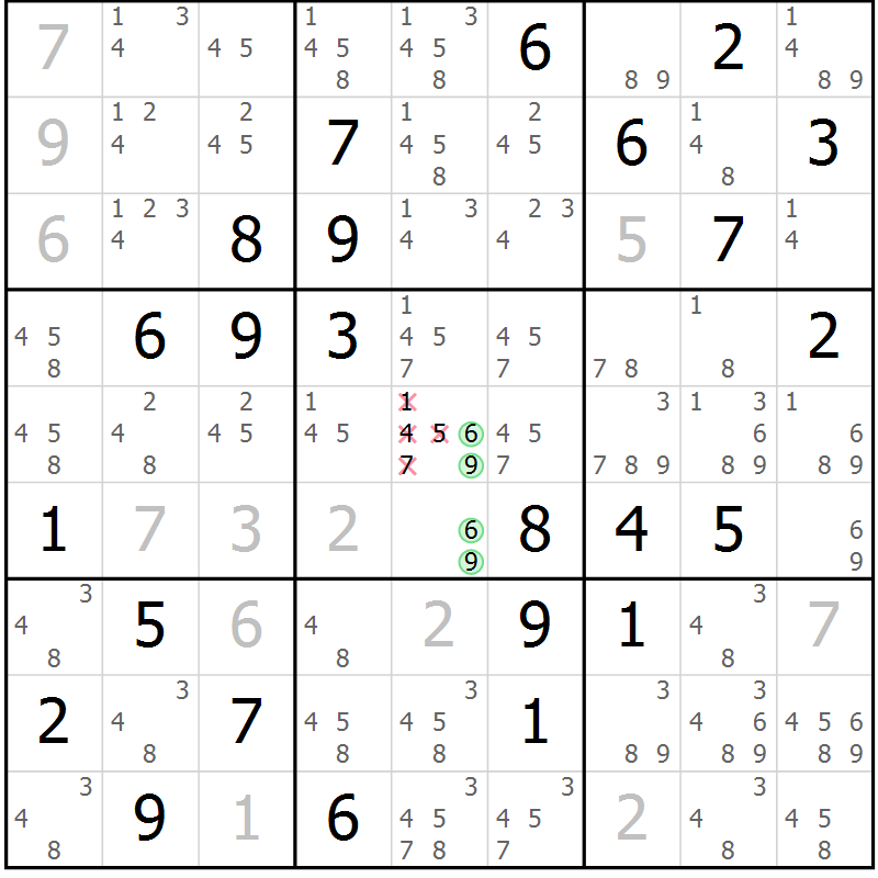 Position des candidats pour la solution de la Gr 60 page 63 du magazine de sudoku Extrême n° 042