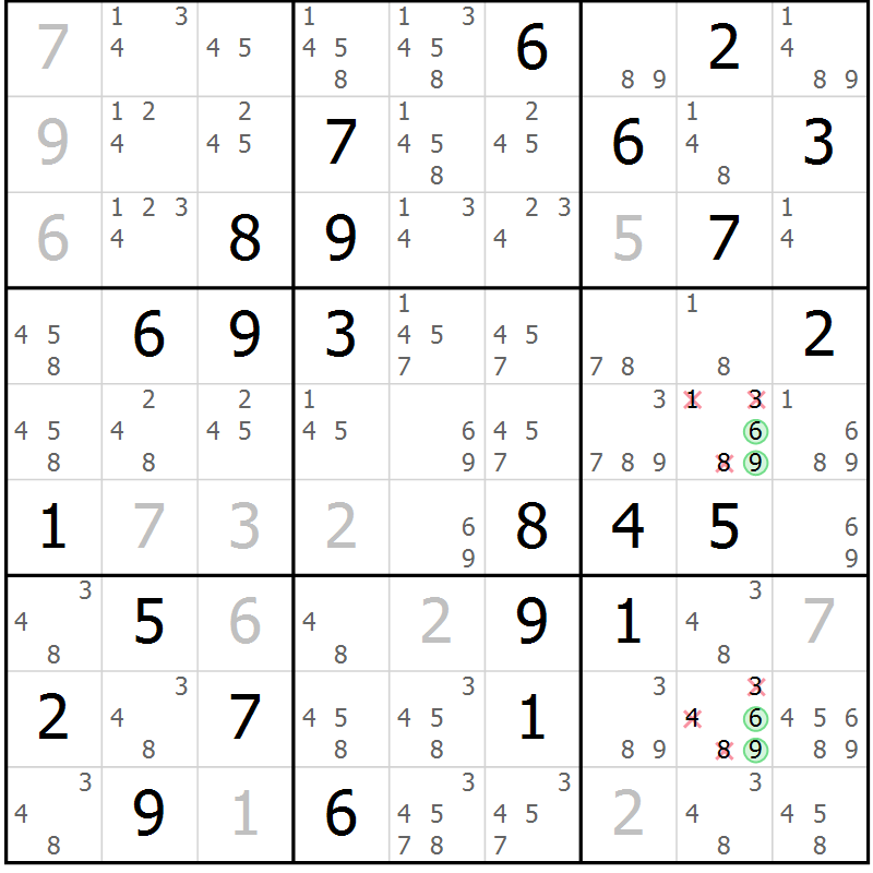 Position des candidats pour la solution de la Gr 60 page 63 du magazine de sudoku Extrême n° 042
