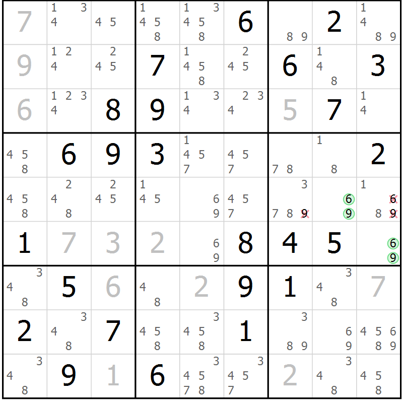 Position des candidats pour la solution de la Gr 60 page 63 du magazine de sudoku Extrême n° 042