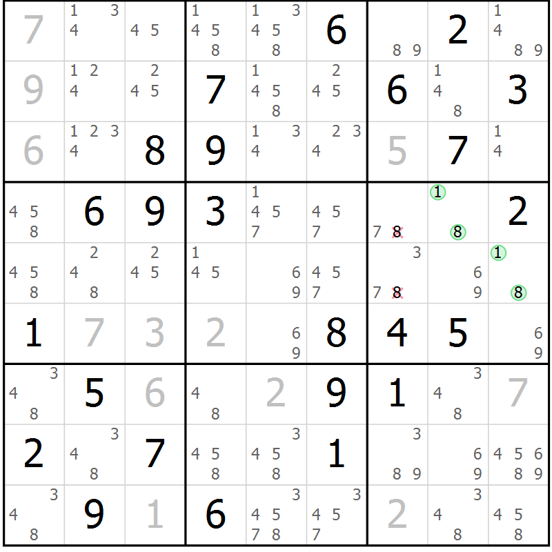 Position des candidats pour la solution de la Gr 60 page 63 du magazine de sudoku Extrême n° 042