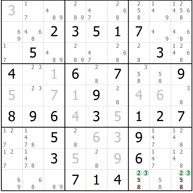 Position des candidats pour la solution de la Gr 61 page 64 du magazine de sudoku Extrême n° 042