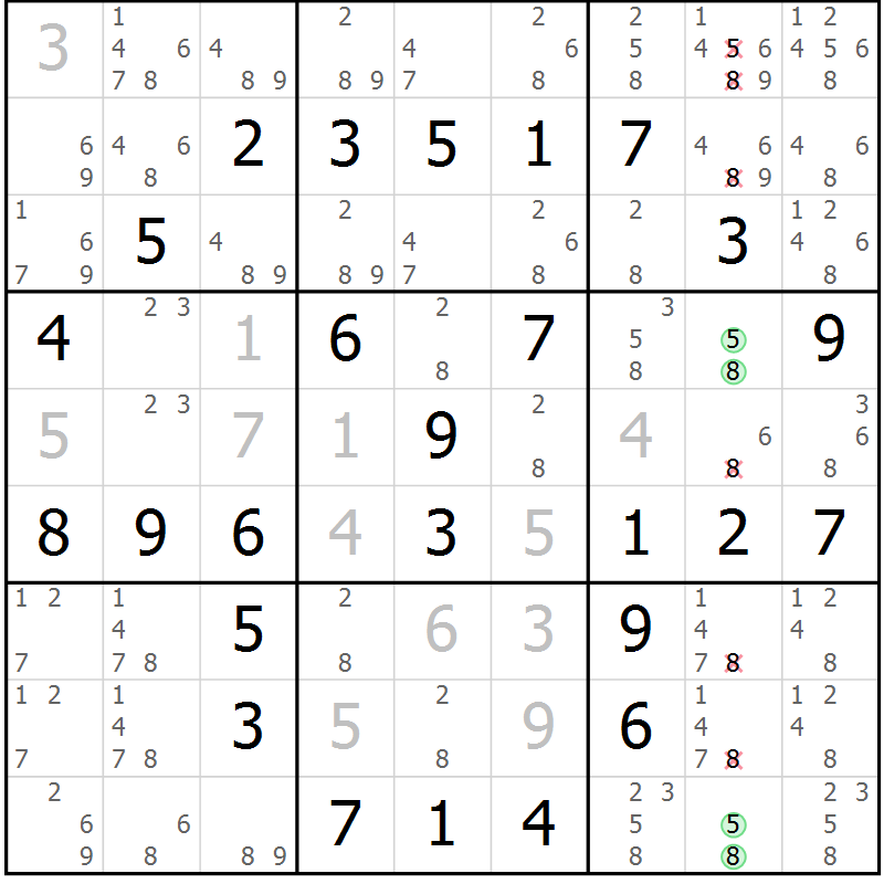 Position des candidats pour la solution de la Gr 61 page 64 du magazine de sudoku Extrême n° 042