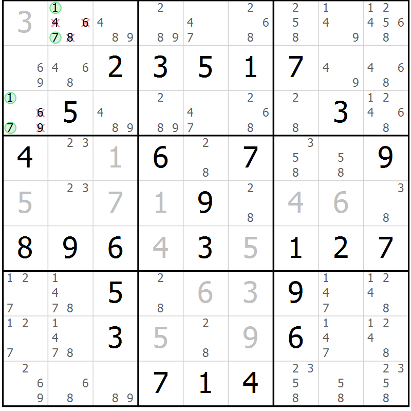 Position des candidats pour la solution de la Gr 61 page 64 du magazine de sudoku Extrême n° 042