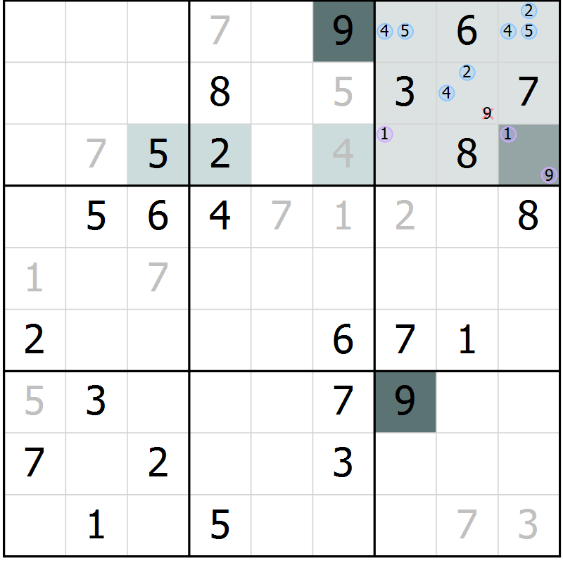Position des candidats pour la solution de la Gr 62 page 65 du magazine de sudoku Extrême n° 042