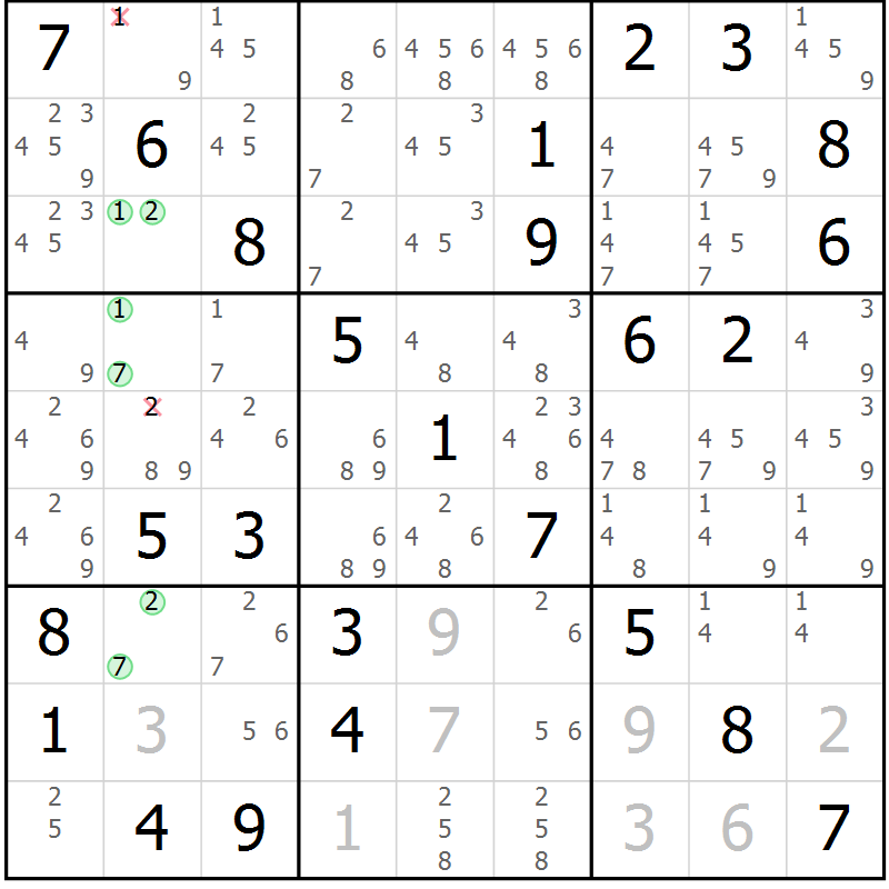 Position des candidats pour la solution de la Gr 64 page 67 du magazine de sudoku Extrême n° 042