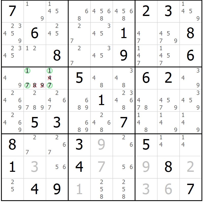 Position des candidats pour la solution de la Gr 64 page 67 du magazine de sudoku Extrême n° 042