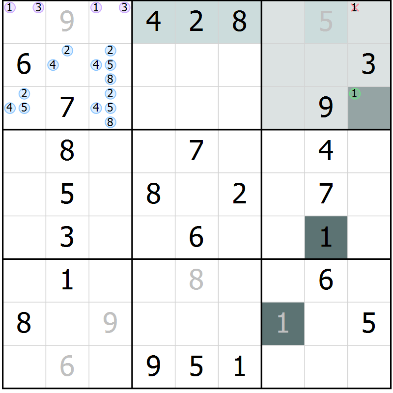 Position des candidats pour la solution de la Gr 65 page 68 du magazine de sudoku Extrême n° 042