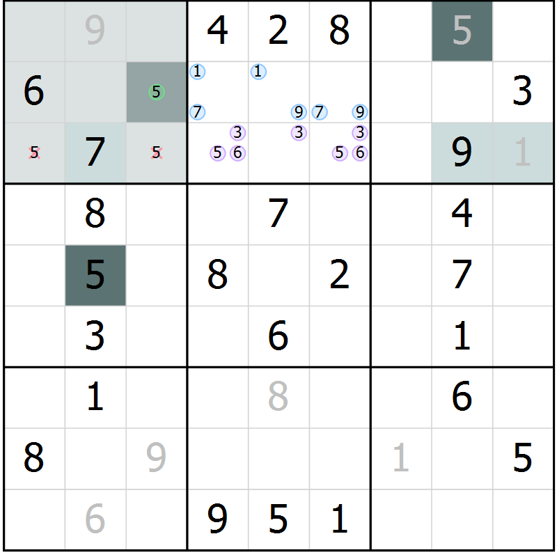 Position des candidats pour la solution de la Gr 65 page 68 du magazine de sudoku Extrême n° 042