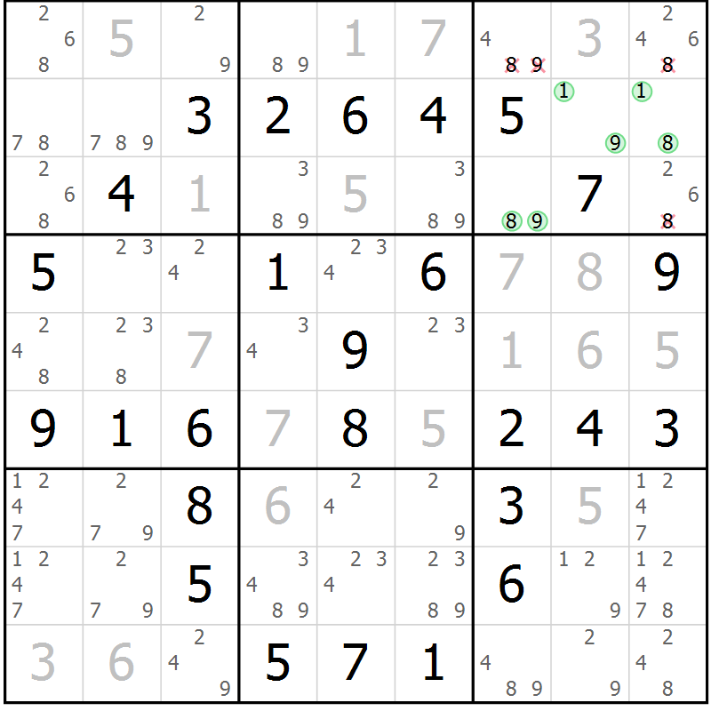 Position des candidats pour la solution de la Gr 68 page 71 du magazine de sudoku Extrême n° 042