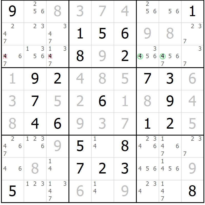 Position des candidats pour la solution de la Gr 69 page 72 du magazine de sudoku Extrême n° 042