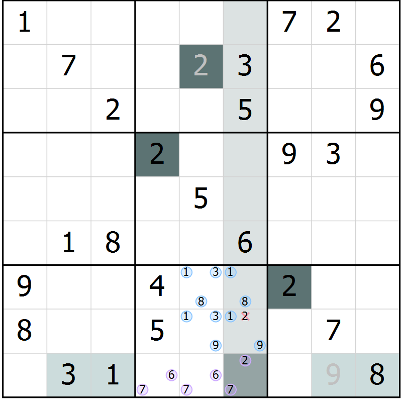 Position des candidats pour la solution de la Gr 72 page 75 du magazine de sudoku Extrême n° 042