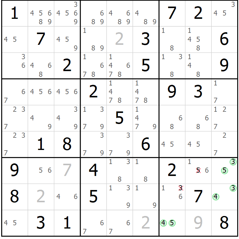 Position des candidats pour la solution de la Gr 72 page 75 du magazine de sudoku Extrême n° 042