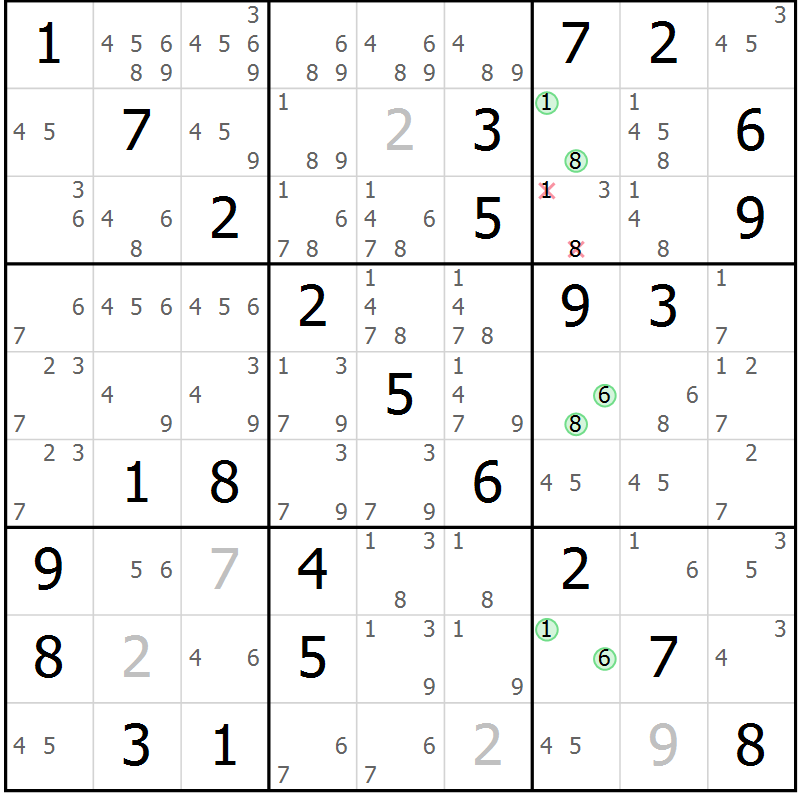 Position des candidats pour la solution de la Gr 72 page 75 du magazine de sudoku Extrême n° 042
