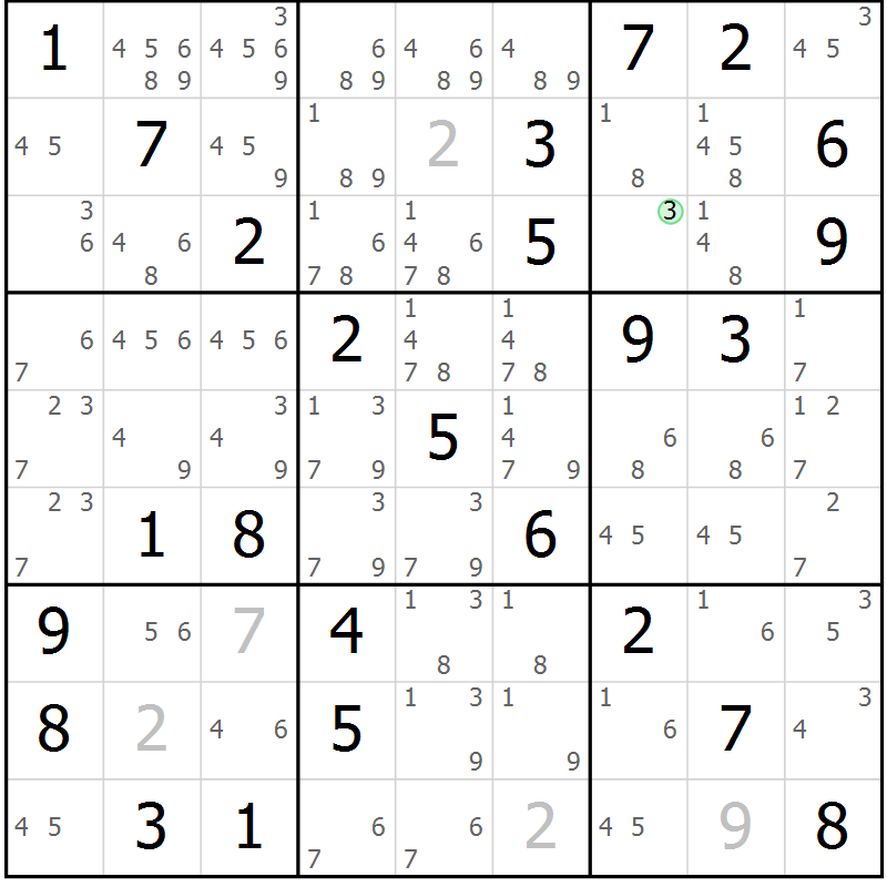 Position des candidats pour la solution de la Gr 72 page 75 du magazine de sudoku Extrême n° 042