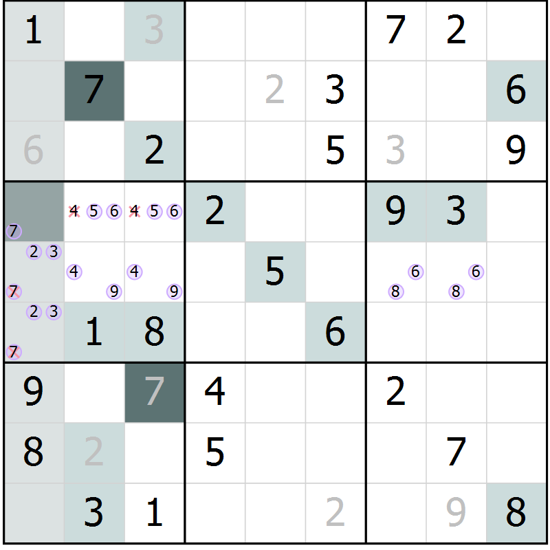 Position des candidats pour la solution de la Gr 72 page 75 du magazine de sudoku Extrême n° 042