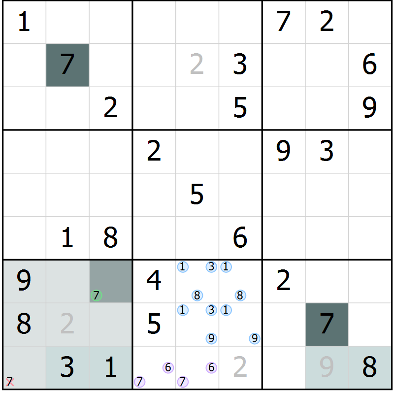 Position des candidats pour la solution de la Gr 72 page 75 du magazine de sudoku Extrême n° 042
