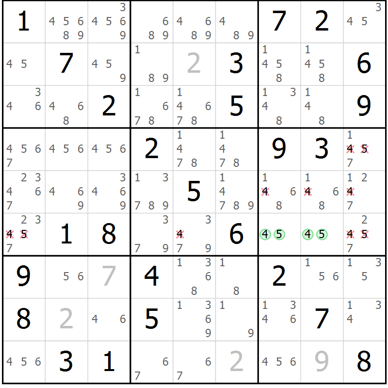 Position des candidats pour la solution de la Gr 72 page 75 du magazine de sudoku Extrême n° 042