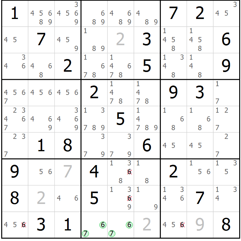 Position des candidats pour la solution de la Gr 72 page 75 du magazine de sudoku Extrême n° 042
