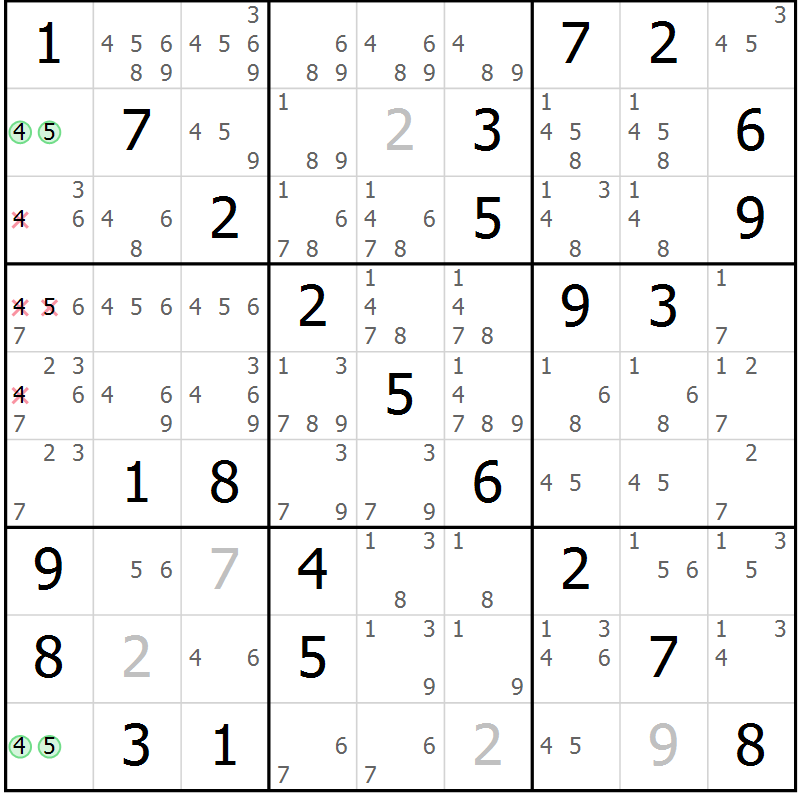 Position des candidats pour la solution de la Gr 72 page 75 du magazine de sudoku Extrême n° 042
