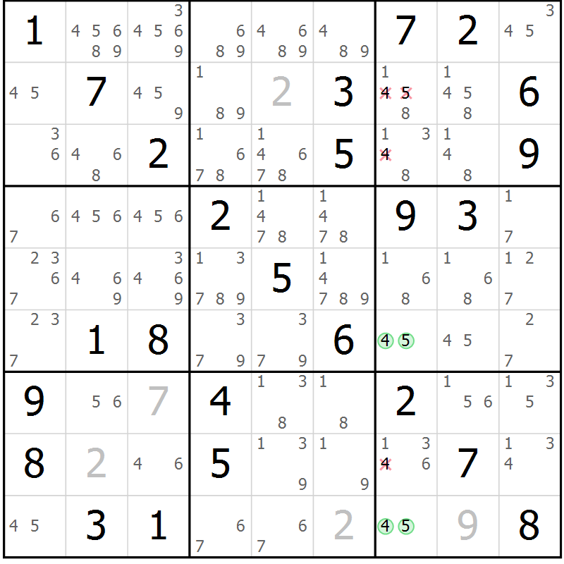 Position des candidats pour la solution de la Gr 72 page 75 du magazine de sudoku Extrême n° 042