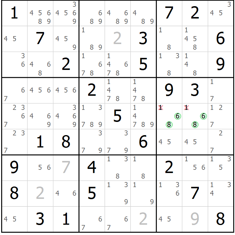 Position des candidats pour la solution de la Gr 72 page 75 du magazine de sudoku Extrême n° 042