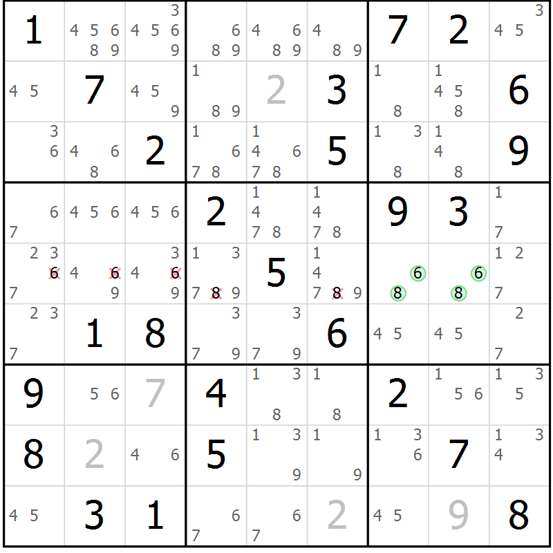 Position des candidats pour la solution de la Gr 72 page 75 du magazine de sudoku Extrême n° 042