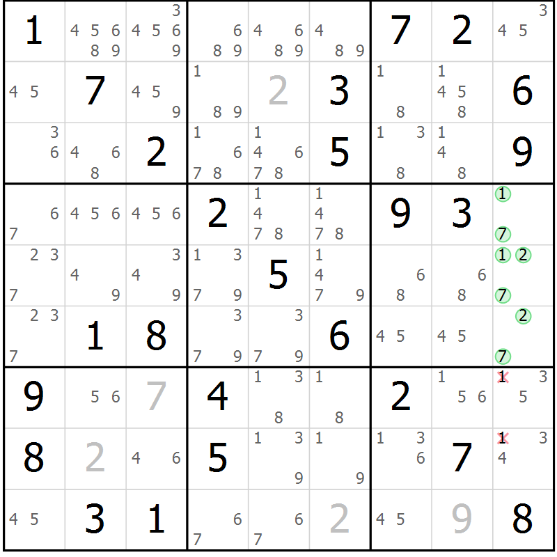 Position des candidats pour la solution de la Gr 72 page 75 du magazine de sudoku Extrême n° 042