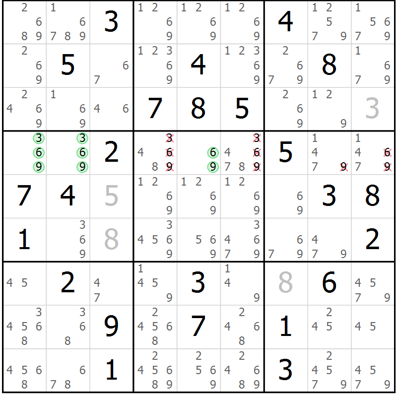 Position des candidats pour la solution de la Gr 74 page 77 du magazine de sudoku Extrême n° 042